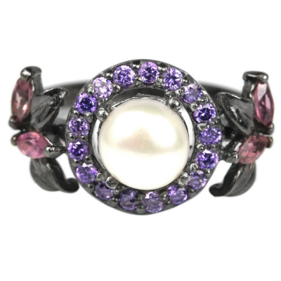 Серебряное кольцо с жемчугом и родолитом натуральным арт 28096