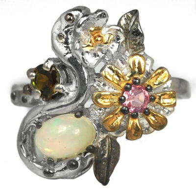 Серебряное кольцо с опалом и турмалином натуральным арт. 28141