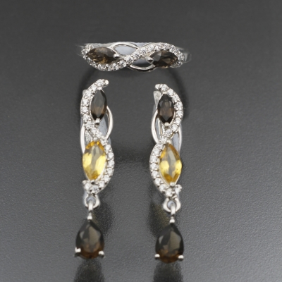 Серебряные серьги и кольцо с дымчатым кварцем и цитрином натуральными арт 27210